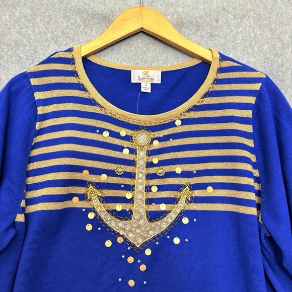 Quacker Factory Womens 1X Blue‎ Gold Metallic Beaded Anchor Sweater Nautical Art - Picture 3 of 7